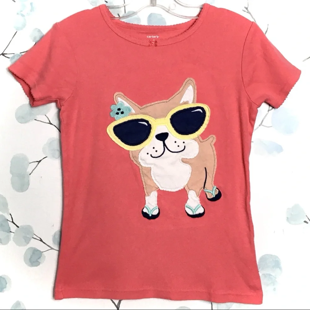 Carter’s Kids Peach Pink Orange Frenchie Dog French Bulldog Appliqué Tee Tshirt